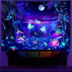 Blacklight Fantasy Forest Tapestry Aesthetic Moon Tapestry UV Reactive Butterfly